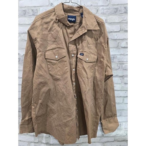 Wrangler Pearl‎ Snap Shirt Mens XL Tan Khaki Canvas Vintage Firm Finish - Picture 2 of 7